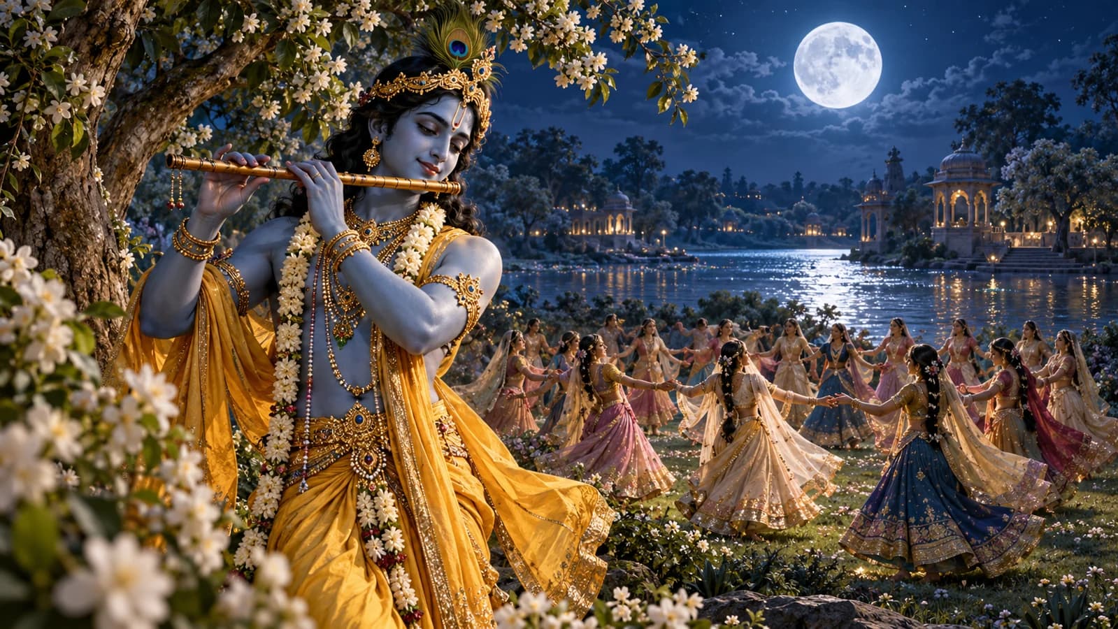 Devotional illustration of Sri Krishna playing the flute beside the moonlit Yamuna, with gopis in a distant circle