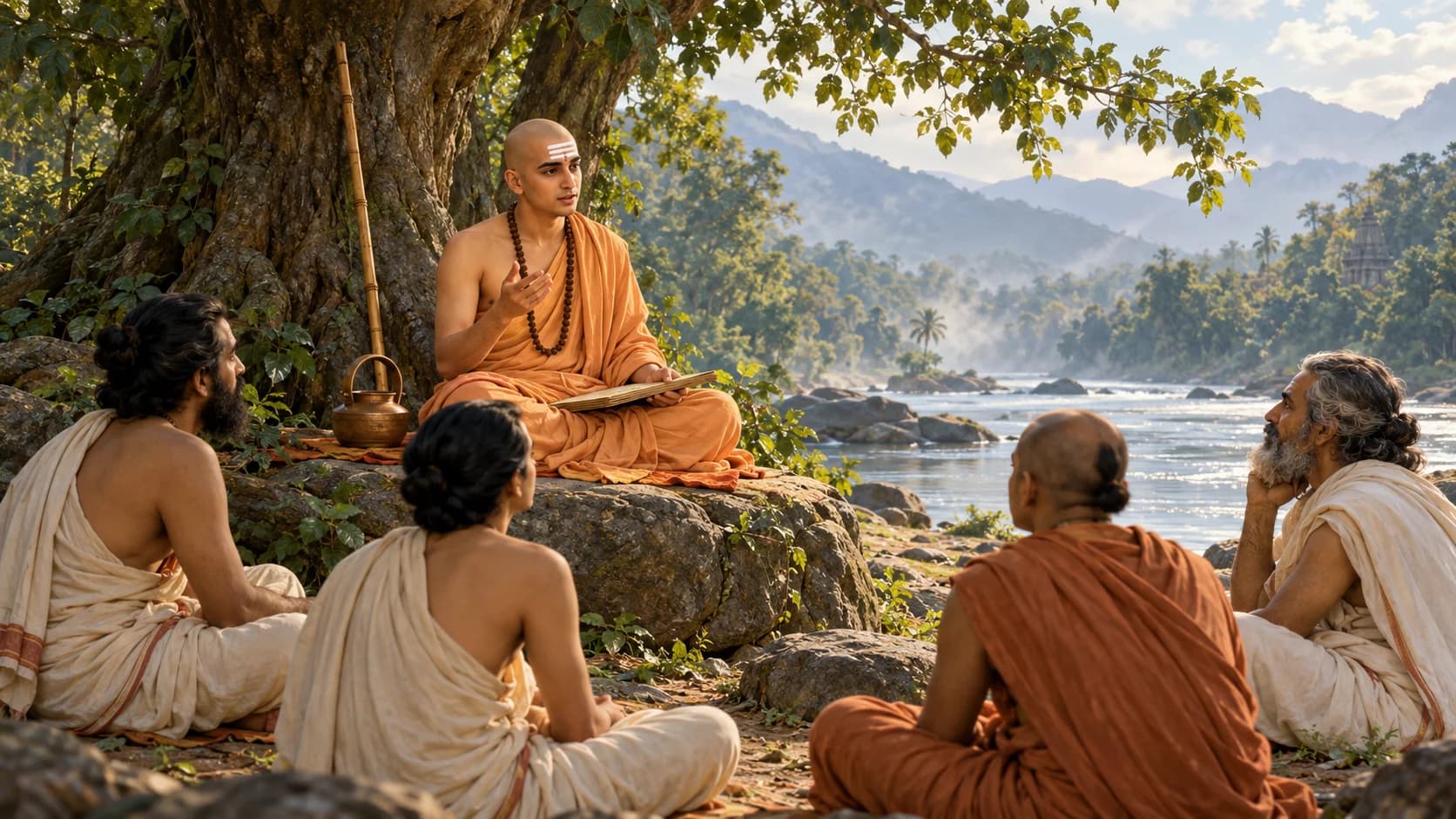 Artistic depiction of the young Adi Shankaracharya teaching four disciples beside a river.